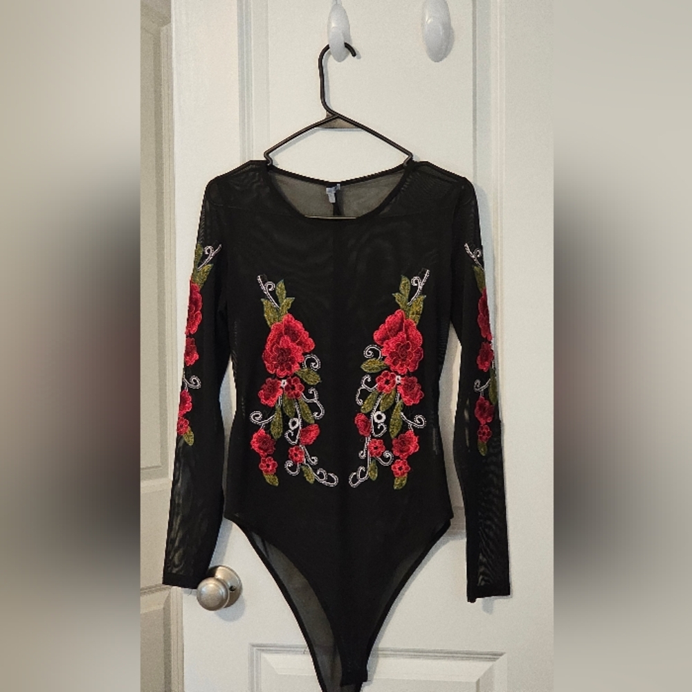 Black Sheer Bodysuit with Red Floral Embroidery SizeXL